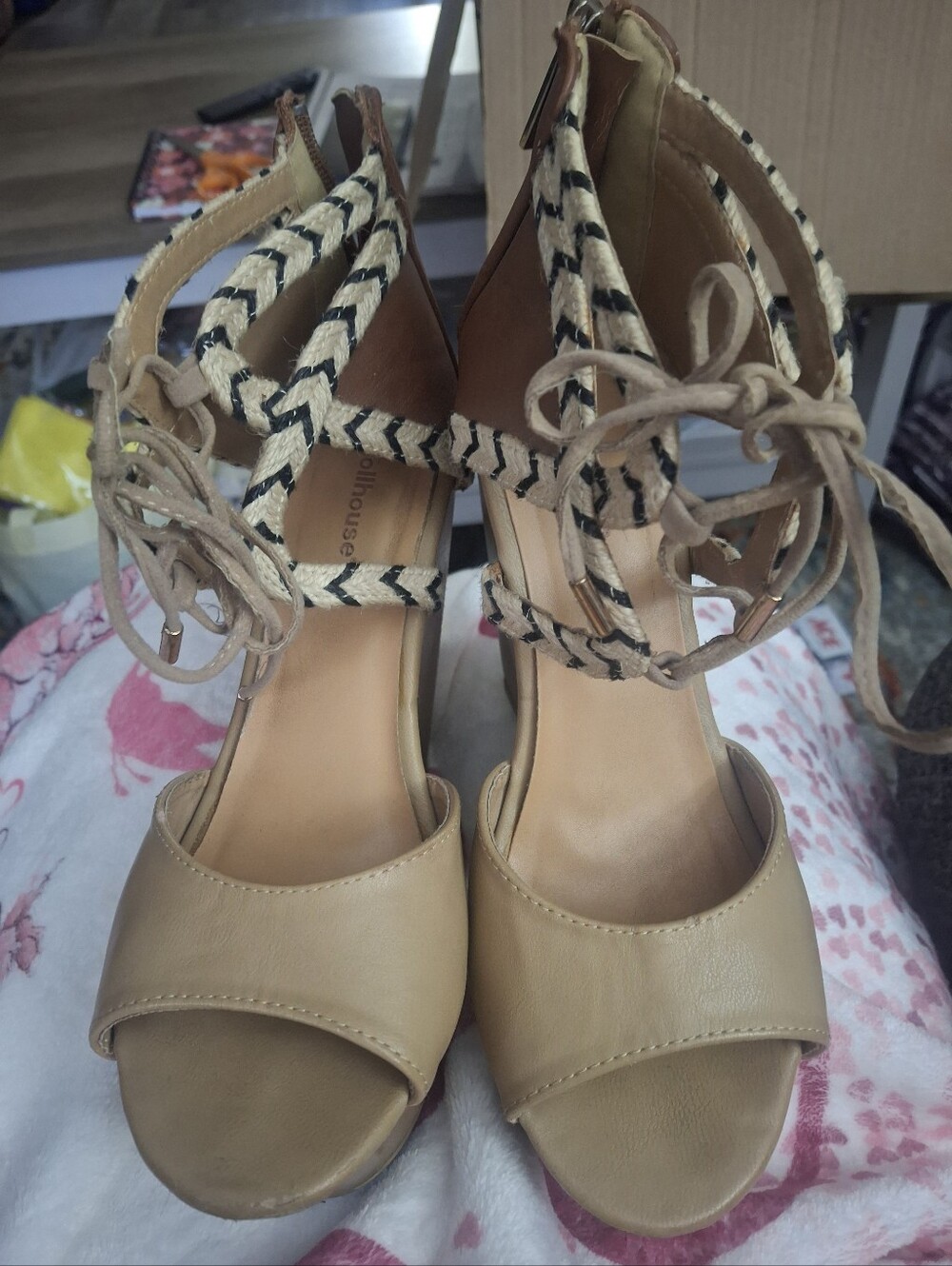 Dollhouse Tan Lace-Up Heeled Sandals with Braided Straps